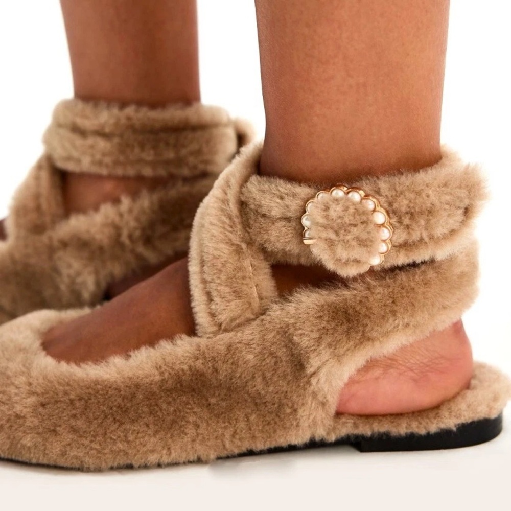 Free People Faux Shearling Parisa Pointed Flats Almond Tan Pearl Buckle